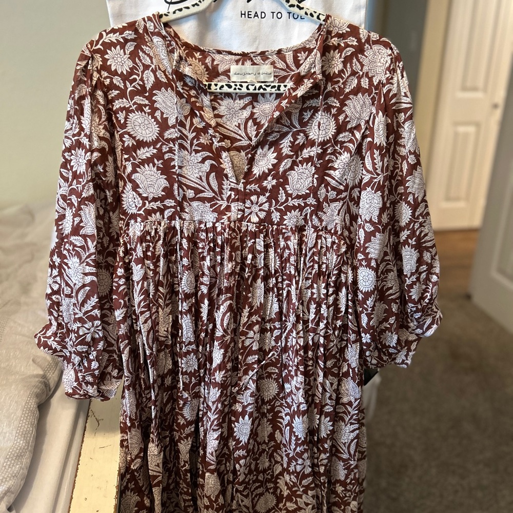 Daughters of India Brown and White Floral Mini Dress